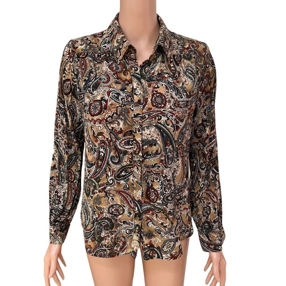 Talbots vintage silk blend paisley floral blend button down blouse petite Sz 12